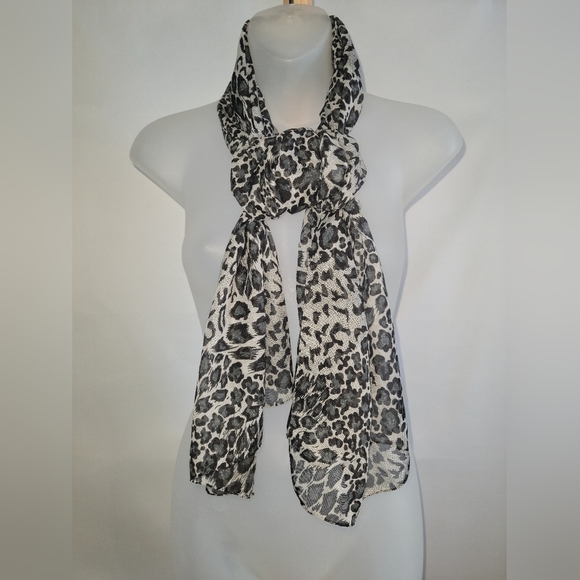 Vintage Black Grey white scarf sheer animal print chiffon handkerchiefs - Picture 1 of 9